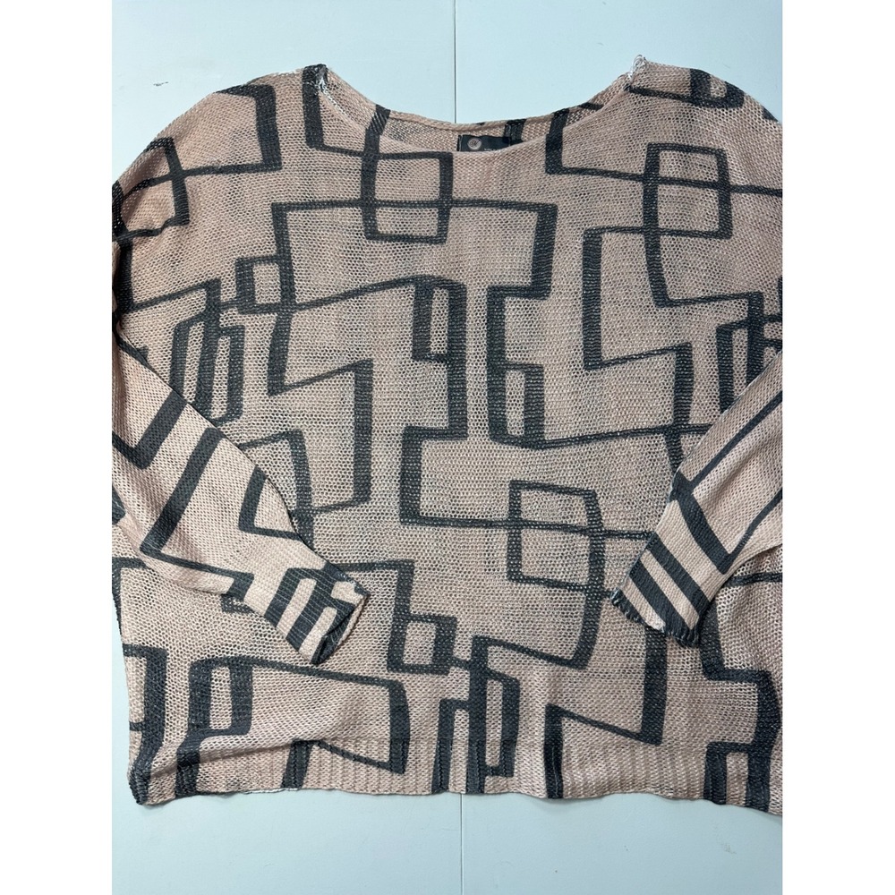 Made in Italy Geometric Maze Open Knit Sweater Tan Black Oversized M